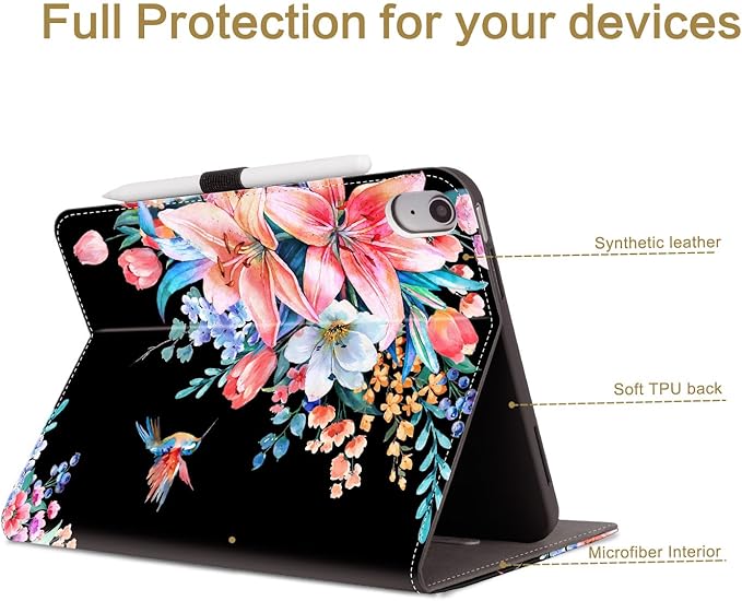 Vimorco Case for iPad (A16) 11th Generation 2025, for iPad 11th/10th Generation Case, Pencil Holder&Handle Strap&Pocket, Multiple Stand Protector PU Leather Shell Cover, Black Flower Hummingbird