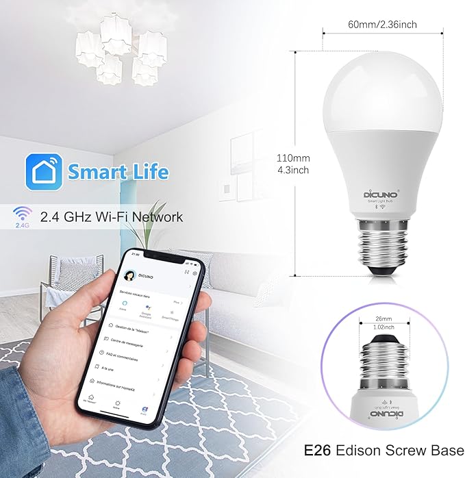 DiCUNO Smart Light Bulbs, Full Color Changing Bulb, Compatible with Alexa, Google Assistant, No Hub Required, RGBCW Multicolor Dimmable Smart LED WiFi Bluetooth A19 E26 9W 800LM Lights, 4-Pack