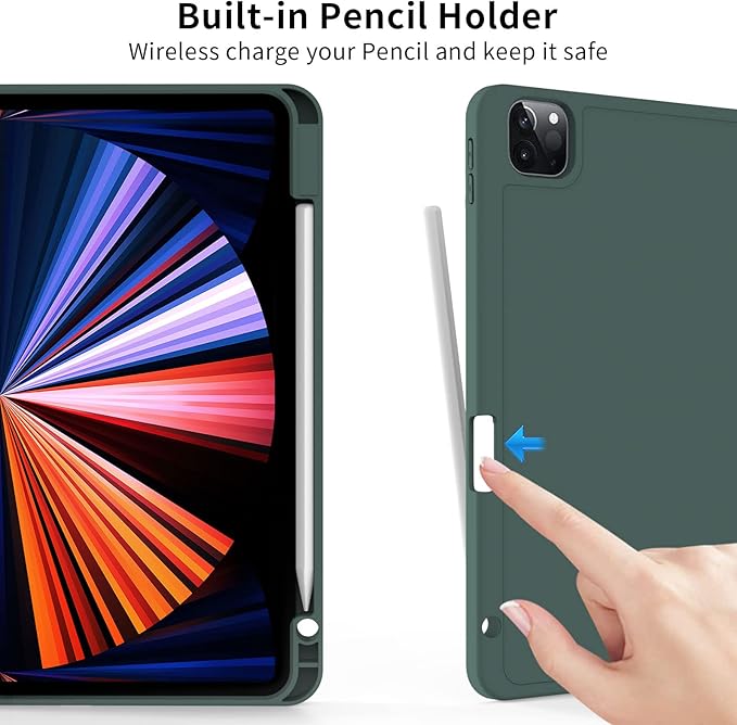 kenke Case for iPad Pro 11 Inch 4th/3rd/2nd Generation (2022/2021/2020) with Pencil Holder, Slim Trifold Smart Cover with Soft TPU Back, Support 2nd Gen Pencil Charging, Auto Sleep/Wake, Dark Green