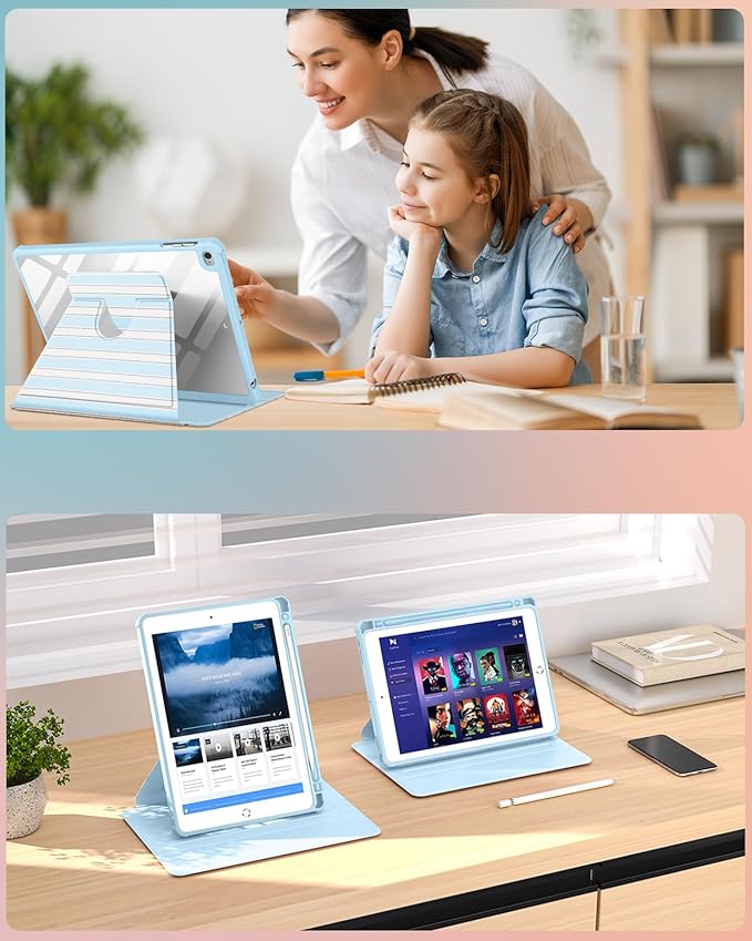 Uppuppy for iPad 5th/6th Generation Case for iPad Air 1st/Air 2nd/Pro 9.7 inch 2016 Case - 360 Rotating Stand Folio Smart Cover with Pencil Holder for Women Girls, BW Stripes for Apple Tablet