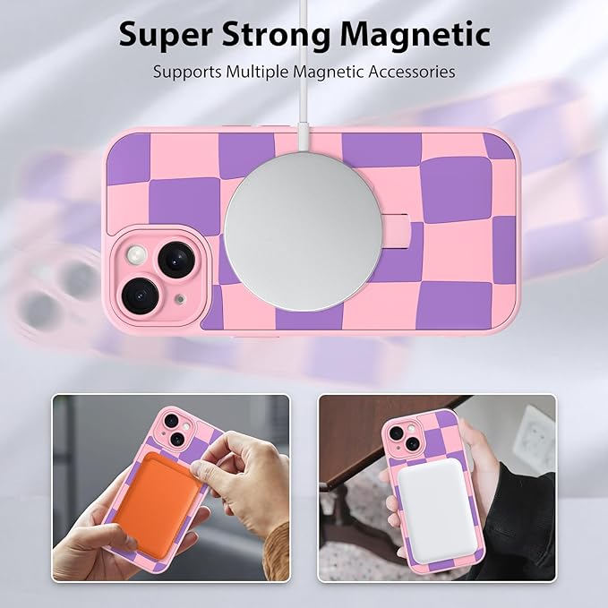 KANGHAR Compatible with iPhone 15 Case, Support for MagSafe, Silicone Checkered Cute Pattern, Wristband Kickstand Camera Protection Soft Slim Cover for Girls Women -Pink