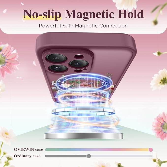 GVIEWIN for iPhone 15 Pro Case Compatible with MagSafe, [Military Grade Protection] [Screen Protector] Full Camera Protection Floral Translucent Women Magnetic Phone Case, Wild Petals/Red