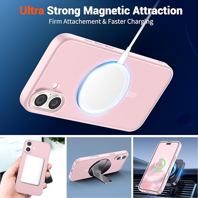 SUPFINE Magnetic for iPhone 16 Plus Case (Compatible with MagSafe) (Military Grade Drop Protection) Translucent Matte Shockproof Phone Cover,Light Pink