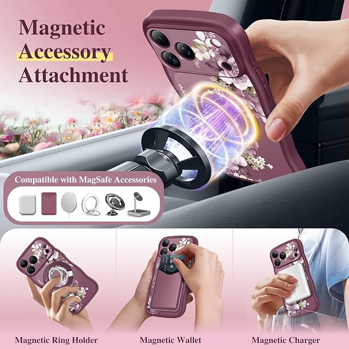 GVIEWIN for iPhone 17 Pro Max Case Compatible with MagSafe [Curly Wave Edge][Full Camera Protection] Floral Translucent Shockproof Magnetic Women Phone Case for 17 Pro Max, Cherry Blossoms/Burgundy