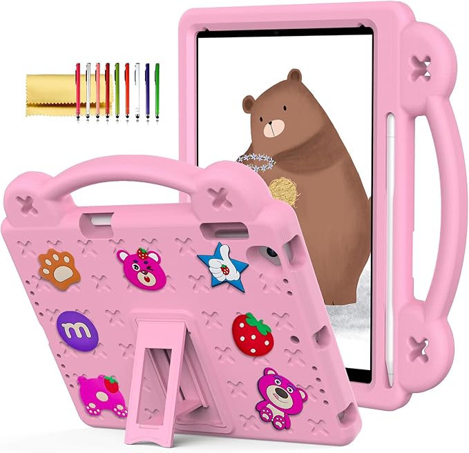 Dteck Kids Case for iPad 9.7 Inch 6th/5th Gen 2018/2017 & iPad Air 2/1 & iPad Pro 9.7,Strawberry Panda Shockproof Rugged Lightweight Pencil Holder Convertible Handles Stand Kids Friendly Case,Pink