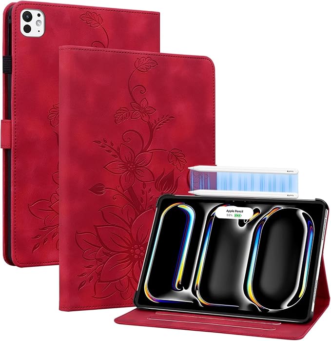 Case for iPad Pro 11 Inch (M5) 2025 / (M4) 2024, Auto Wake/Sleep Supports Pencil Pro and Pencil(USB-C) Magnetic Clasp Stand, Red