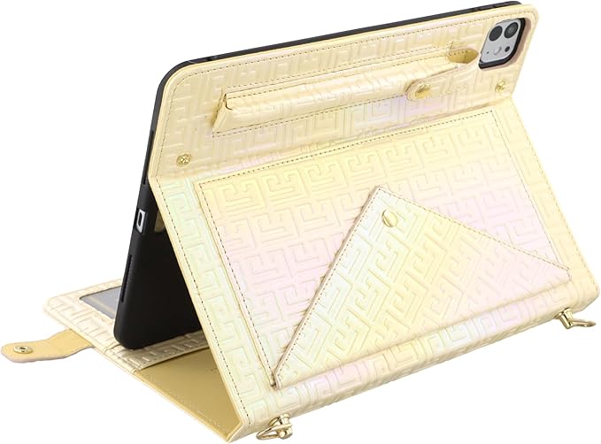 Shiny Case for iPad Pro 12.9" 6th/5th/4th Gen & iPad Air 13-inch Handbag w/Hand Strap, Techcircle Crossbody Iridescent Folio Stand Wallet Case w/Pencil Holder+Shoulder Strap, Shiny Cream Yellow