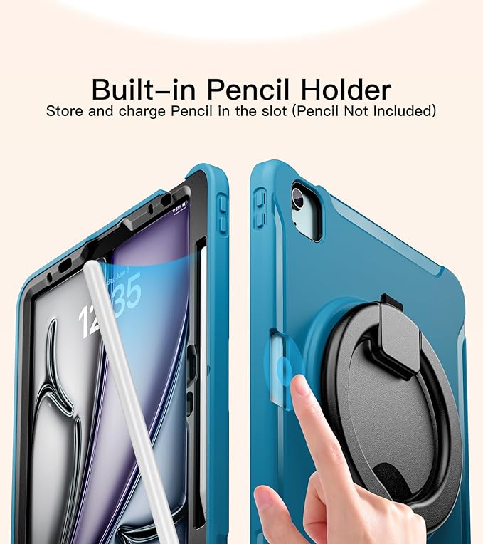 BATYUE Shockproof Case for iPad Air 11" M2/M3/M4, Air 4/5 10.9", iPad Pro 11" 1st-4th Gen 2018-2022 | 360° Multi-Angle Stand (Portrait & Landscape) & Grip, Built-in Pencil Holder, Lake Blue