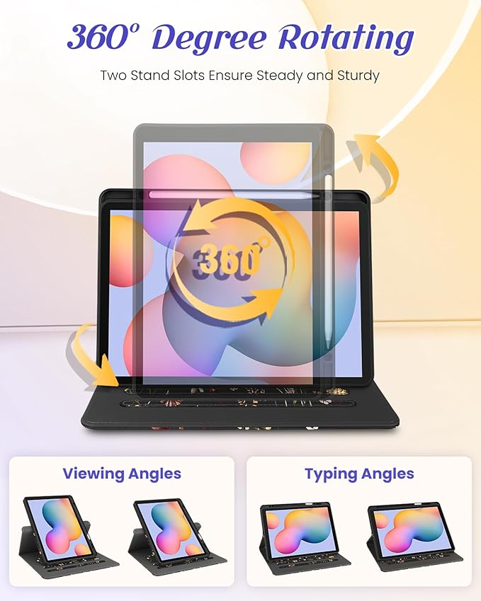 Kidcube for Samsung Galaxy Tab S6 Lite Case 10.4 Inch 2024/2022/2020 - Women Girls Cute Rotating Stand Folio Cover with Pencil Holder & Card Slot Flowers Floral Unique Design Cases for Tab S6 Lite