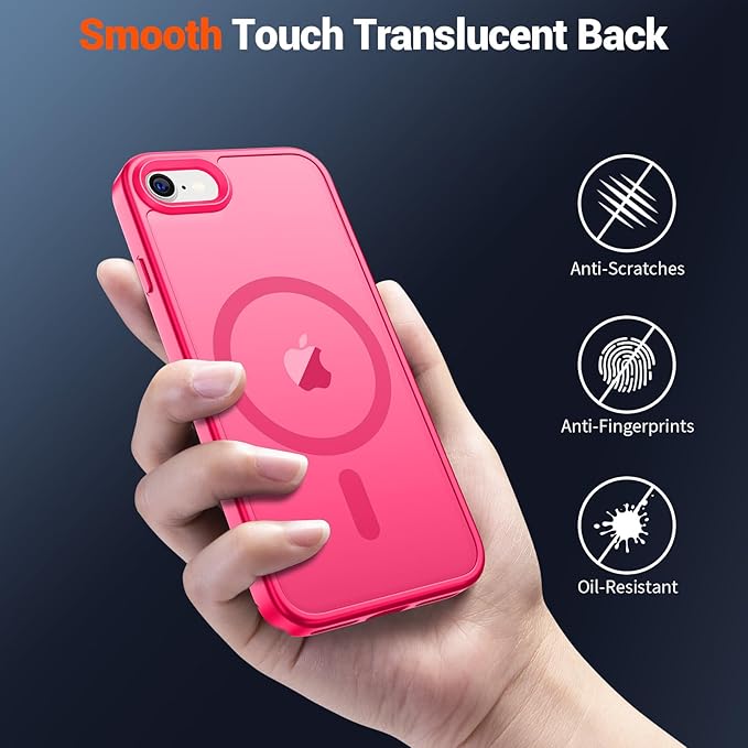 SUPFINE Magnetic for iPhone SE Case 2022 (3rd)/2020 (2nd), iPhone 8 Case (Compatible with MagSafe) (Military Grade Drop Protection) Translucent Matte Phone Case, Hot Pink