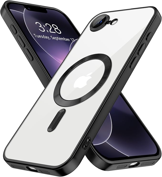 Hython Magnetic Clear for iPhone 17e Case with Camera Lens Protector [Compatible with MagSafe] Luxury Plating Edge Slim Soft TPU Cover Protective Phone Case for iPhone 17e 6.1", Matte Black