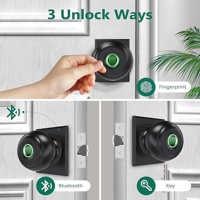 GeekTale Fingerprint Door Lock for Bedrooms, Fingerprint Door Knob with Lock, Smart Door Lock, App Control, Back-up Keys, Thumbprint Door Knob for Bedrooms, Office, Apartment