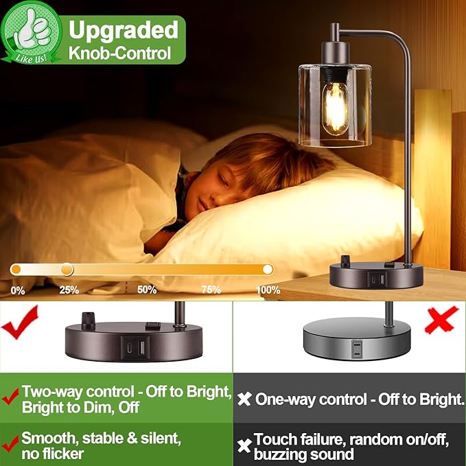 Lynnoland Set of 2 Oil Rubbed Bronze Table Lamps with USB C+A Ports and Outlet, Fully Stepless Dimmable Bedside Lamps, Industrial Desk Lamps with Clear Glass Shade for Living Room (2 LED Bulb)