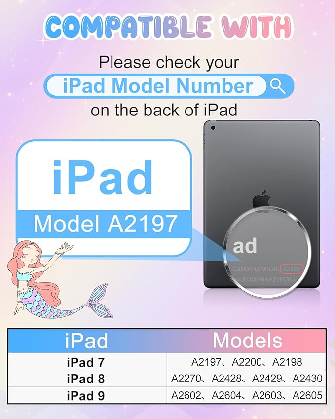 Boaretiu for iPad 9th Generation Case 10.2 Inch - for iPad 7th/8th/9th Gen 3D Cute Cartoon Pk Mermaids Girls Teens Soft Silicone Tablet Cover with Strap & Rotating Stand
