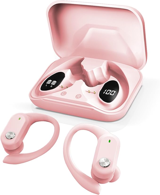 RCA Wireless Earbuds Bluetooth 5.3 Headphones Sport Sweat Resistant Sports Earphones with Earhooks,48H Playtime,Lightweight 7.8g,Fast Charging Case,Noise Cancelling Mic for Running Gym Workout-Pink