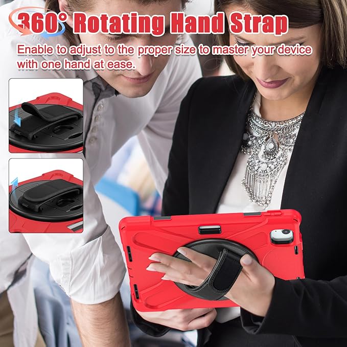 TSQQST Case for iPad Air 11 Inch M4 2026/M3 2025/M2 2024, Cover for iPad Air 5th 4th Generation 10.9"/Pro 11 4th/3rd/2nd/1st Heavy Duty Shockproof Case with Screen Protector+Stand+Hand Strap, Red