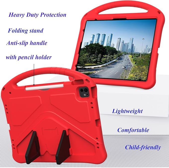 Kids Case for iPad Pro 13 inch M5/M4 (2025/2024) with Kickstand/Pencil Holder/Handle Stand Lightweight Soft EVA Foam Shockproof Heavy Duty Rugged Protection Kids Girls Boys Cover, Red