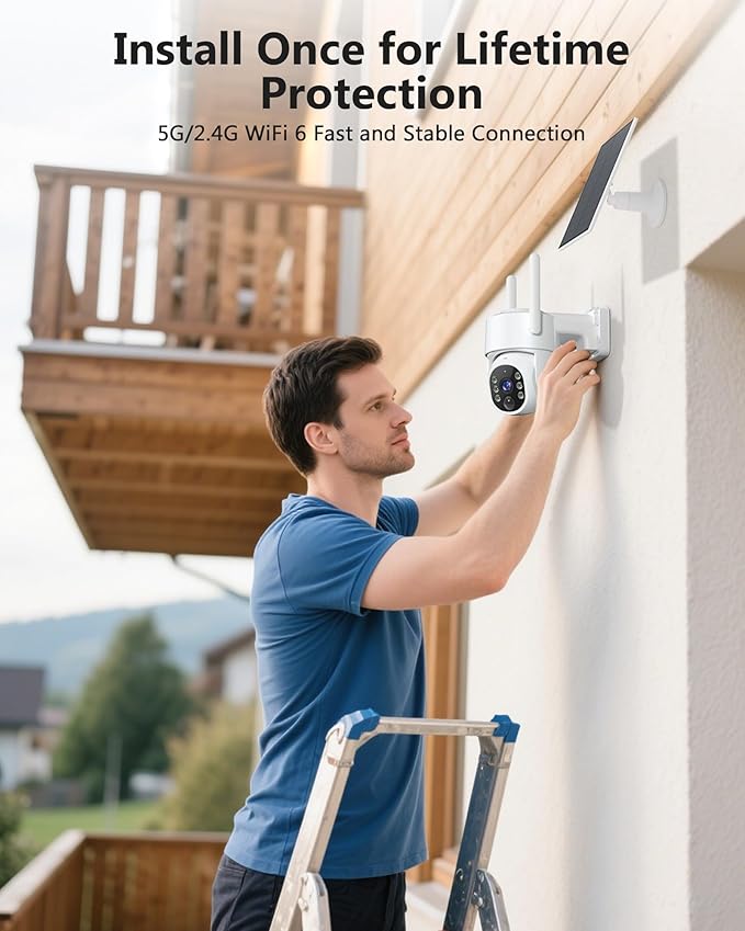 Gianteye 2K Security Cameras Wireless Outdoor, 5G WiFi Cameras for Home Security, 360° PTZ Solar/Battery Powered Outside Cam, 2 Way Talk, Color Night Vision, AI Human Detection for Porch/Garage/Yard