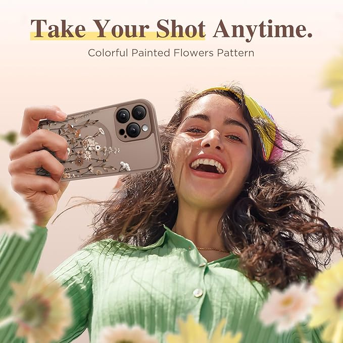 GVIEWIN for iPhone 16 Pro Case Compatible with MagSafe, [Military Grade Protection] [Screen Protector] Full Camera Protection Floral Translucent Women Magnetic Phone Case, Floratopia/Brown