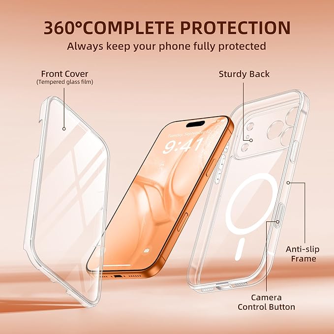 BERFY for iPhone 17 Pro Case, Compatible with MagSafe, Built-in Glass Screen Protector, Camera Protection, Shockproof Full Body Phone case 6.3", Clear