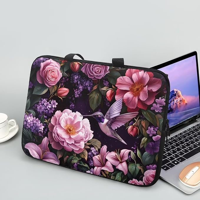 Hummingbird Bright Floral 15 Inch Computer Sleeve Tablet Portable Carrying Sleeve Case Bag Waterproof Laptop Tote Bag Notebook Messenger Briefcase Tablet Handbag for School/Office
