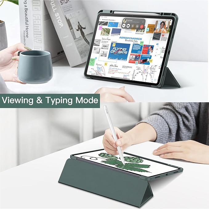 JETech Case for iPad Air 13-Inch M4/M3/M2 (2026/2025/2024) with Pencil Holder, Clear Transparent Back Shell Slim Stand Shockproof Tablet Cover, Auto Wake/Sleep (Midnight Green)