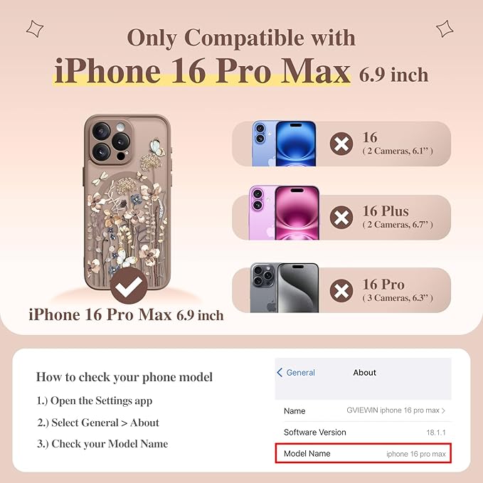 GVIEWIN for iPhone 16 Pro Max Case Compatible with MagSafe, [Military Grade Protection] [Screen Protector] Full Camera Protection Floral Translucent Women Magnetic Phone Case, Autumnflit/Brown