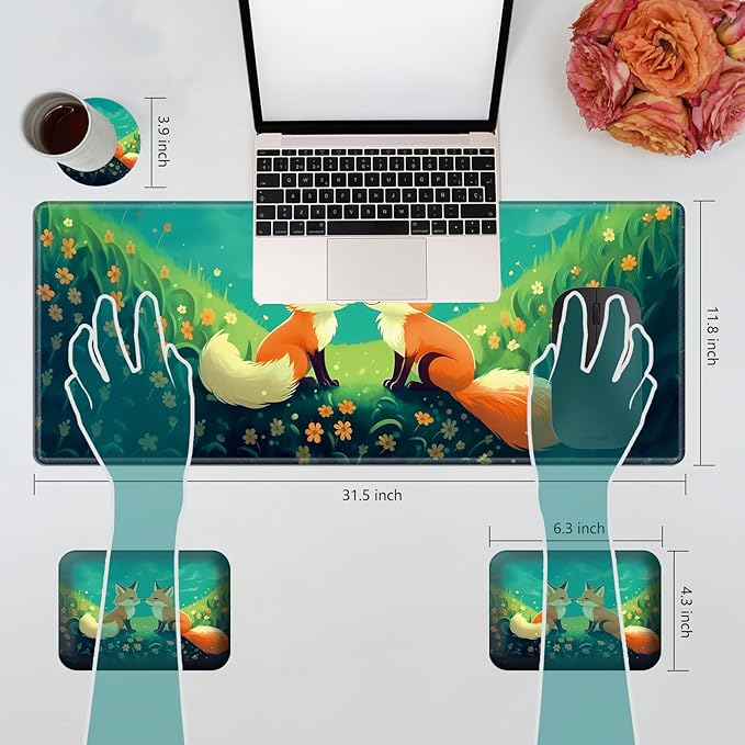 Wrist Elbow Support Arm Rest Desk Mouse Pad Set,Large Mouse Pad + 2 Elbow Rest Pad + Coaster,(31.5×11.8 in) Ergonomic Memory Foam for Office,Gaming,Computer,Laptop-Cute Fox