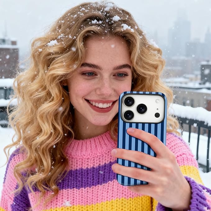 Magnetic for iPhone 17 Pro Case Cute Stripes Phone Case, Shockproof Slim TPU and Hard PC Protective Phone Cover Compatible with MagSafe Designed for Women Girls, Lake Blue