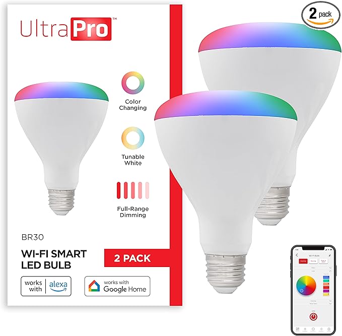 UltraPro Wi-Fi LED Smart Light Bulb, BR30, 65W Equivalent, RGB, Color Changing, White Select Tunable 2700K - 6500K, Dimmable, 2.4GHz Router Required, Circadian Rhythm, Easy-to-Use App, 2 Pack, 51452