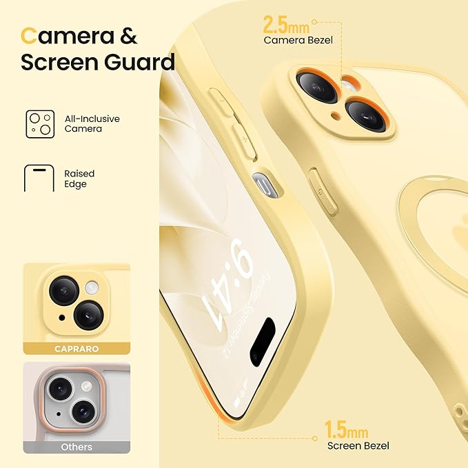CAPRARO for iPhone 15 Case with 360° Spin Magnetic Stand for Women, [Compatible with MagSafe] [Full Camera Protection] Cute Wave Translucent Matte Case for iPhone 15, Jasmine Yellow