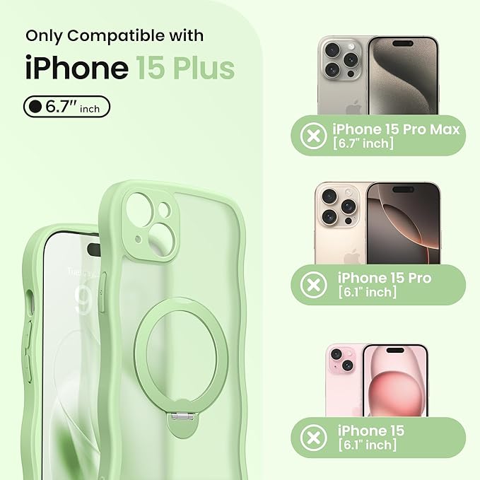 CAPRARO for iPhone 15 Plus Case with 360° Spin Magnetic Stand for Women, [Compatible with MagSafe] [Full Camera Protection] Cute Wave Translucent Matte Case for iPhone 15 Plus, Light Green