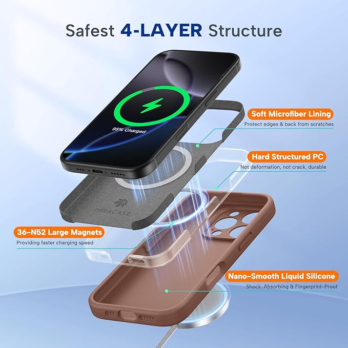 Miracase Magnetic for iPhone 16 Pro Case, [Soft Anti-Scratch Microfiber Lining], Compatible with MagSafe, Liquid Silicone Case Shockproof Drop Protection Phone Case for 16 Pro,Chocolate