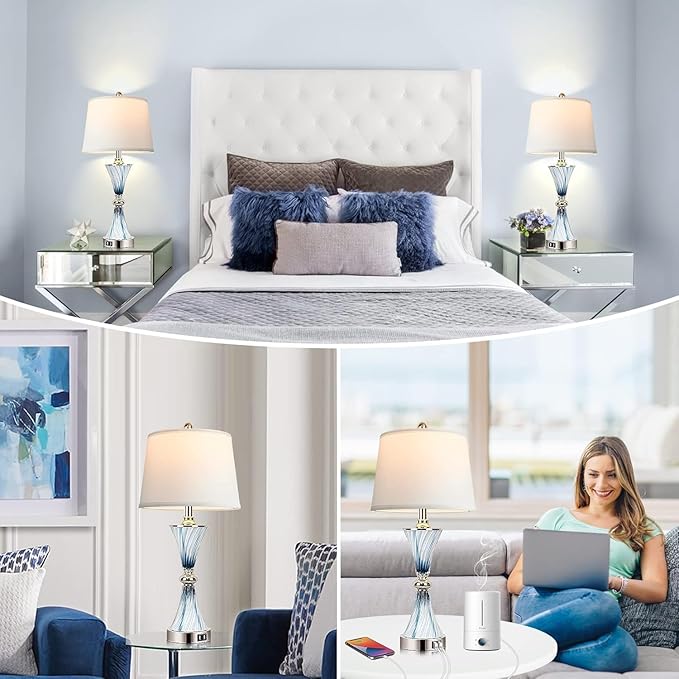 Hamucd 3-Way Dimmable Touch Glass Table Lamps for Bedrooms with 2 USB Ports Set of 2 Coastal Beach Bedside Lamps for Contemporary Modern Night Stand Lamps with 2 LED Bulbs for Lighting Decor