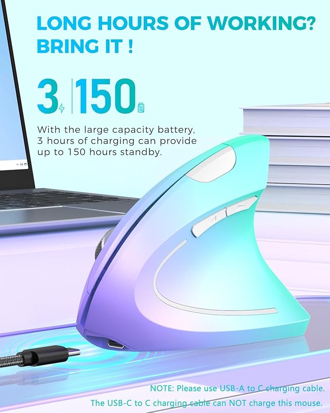 Lekvey Ergonomic Mouse, Vertical Wireless Mouse, Rechargeable 2.4G Optical Carpal Tunnel Mice: 800/1200 / 1600 DPI, 6 Buttons, for Laptop, PC, Mac, Computer, Desktop, Notebook etc, Green Purple