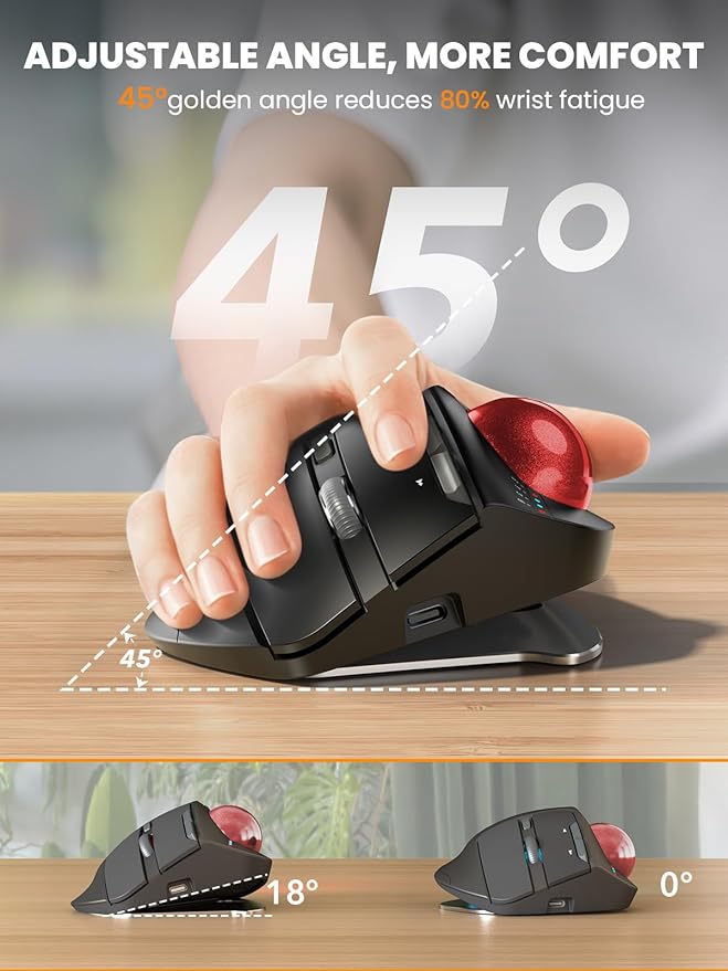 MAM1 Pro Wireless Trackball Mouse, Ergonomic Bluetooth Rechargeable Computer Mouse, Backlit Rollerball Thumb mice with 5 Level DPI, Adjustable Angle, 3 Devices Connection for PC, Windows - Red Ball