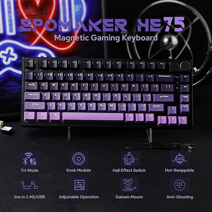 EPOMAKER HE75 Mag Wireless Gaming Keyboard with Hall Effect Switch and Changeable Knob Module, Rapid Fast Magnetic Keyboard with Adjustable Trigger, USB-C/2.4G/Bluetooth, RGB Backlit (Black Purple)