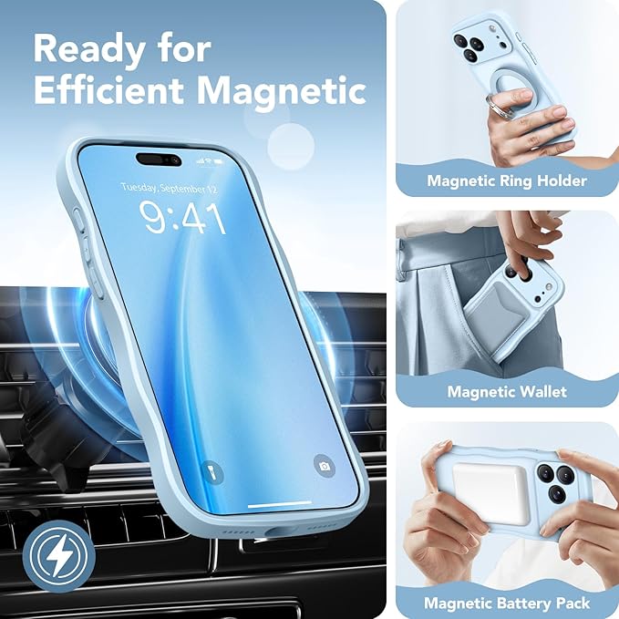 CAPRARO Magnetic for iPhone 17 Pro Max Case for Women Girls, Upgraded [Full Camera Protection] [Compatible with MagSafe] Cute Wave Translucent Matte Phone Case for iPhone 17 Pro Max, Light Blue