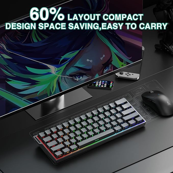 Aula MINI60 HE PRO Wireless Gaming Keyboard 60%,Hall Effect Rapid Trigger Magnetic Keyboard,8000Hz Polling,Tri-Mode(BT5.0/2.4GHz/USB-C),RGB Hot Swappable Compact Mechanical Keyboard for Gamer(Black)