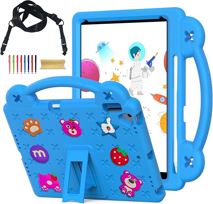 for iPad A16 11th 10th Generation Case 2025 2022 for Kids Boys, with Shoulder Strap Cute DIY Figures Kids Friendly Shockproof Handle Stand Protective Case Cover for Apple iPad 11th 10th Gen,SkyBlue