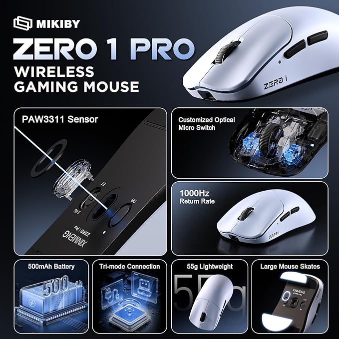 Zero 1 Pro Gaming Mouse,55g Ultralight Wireless Mouse, PAW3311 12K DPI, Tri-Mode 2.4G/Bluetooth/USB-C,Programmable Ergonomic Design,for Laptop/PC/Mac(Blue)