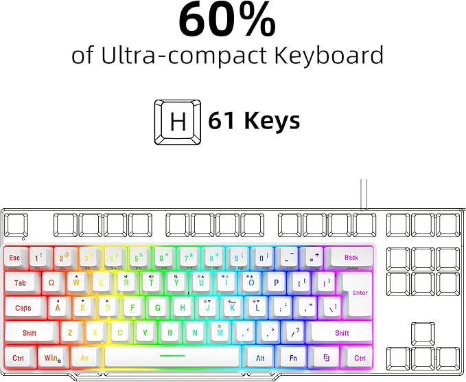 Snpurdiri 60% Wired Gaming Keyboard, 61 Keys RGB Backlit Wrist Rest Ultra-Compact Mini Waterproof Keyboard for PC Computer Gamer (White)