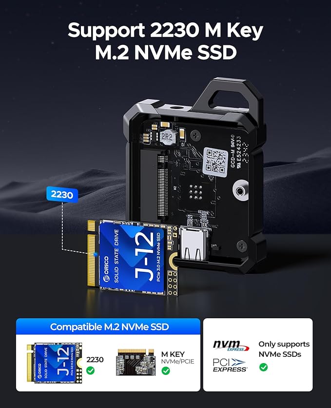 ORICO Full Metal M.2 NVMe 2230 SSD Enclosure, USB C 3.2 Gen2 Type-C 10Gbps to NVMe PCIe Adapter, Compatible with iPhone 17/16/15 Pro/Pro Max 4K ProRes Recording - XAM2