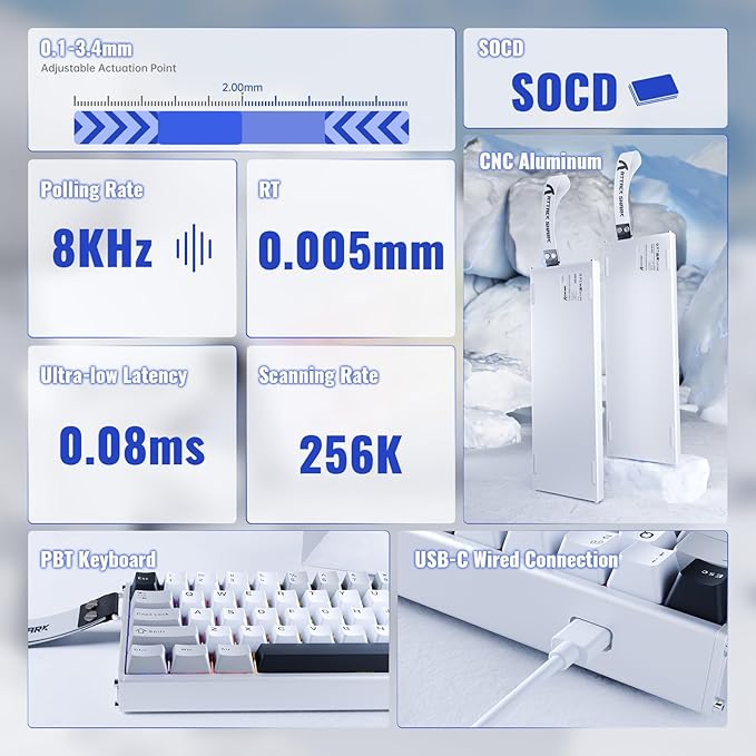 ATTACK SHARK X68 MAX HE Wired Rapid Trigger Mechanical Creamy TKL RGB Gaming Keyboard with Full Aluminum CNC,8K Polling,0.005mm Accuracy,Hall Effect Magnetic Switch,NKRO,Driver for Win Mac(Star White)