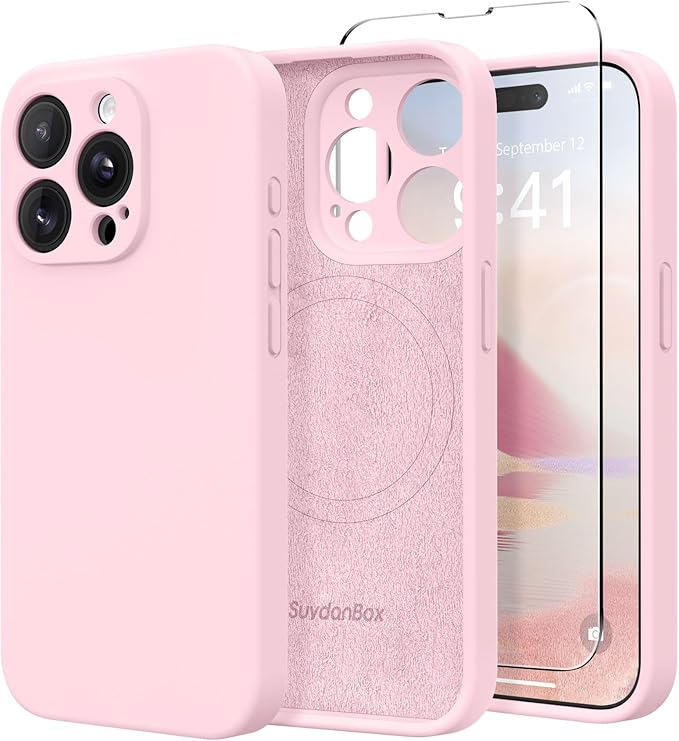 Magnetic for iPhone 15 Pro Case, Compatible with MagSafe, [Full Camera Protection][Screen Protector] Silicone Shockproof Protective Phone Case for iPhone 15 Pro 6.1", Chalk Pink