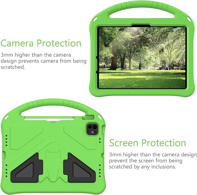 Kids Case for iPad Pro 11-Inch 2022/2021/2020/2018 (4th/3rd/2nd/1st Generation) & iPad Air 5th/4th Gen Case 2022/2020 10.9" with Kickstand/Handle/Pencil Holder Stand Girl Boy Cover, Green