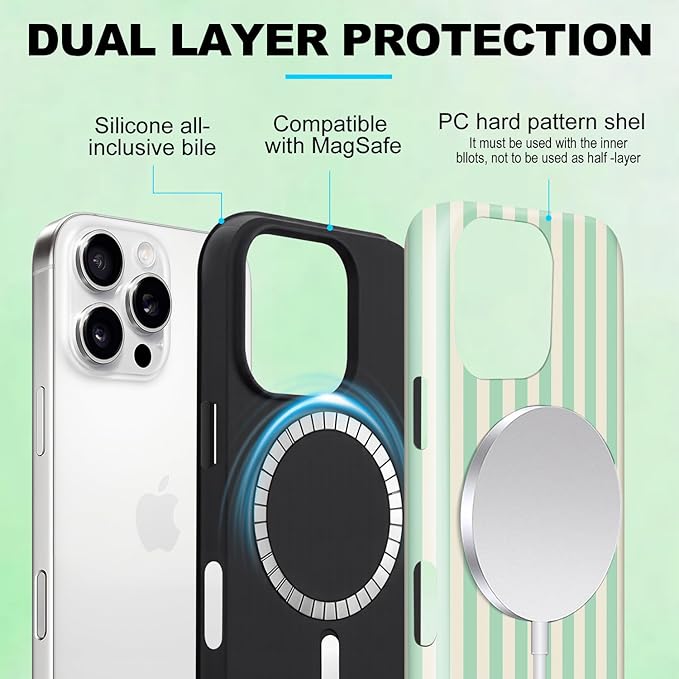 Magnetic for iPhone 16 Pro Max Case Cute Stripes Phone Case, Shockproof Slim TPU and Hard PC Protective Phone Cover Compatible with MagSafe Designed for Women Girls, Light Green