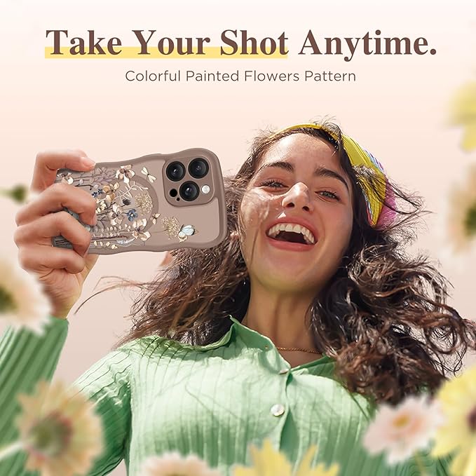 GVIEWIN for iPhone 14 Pro Case Compatible with MagSafe [Curly Wave Edge][Full Camera Protection] Floral Translucent Shockproof Magnetic Women Phone Case for 14 Pro, Autumnflit/Brown
