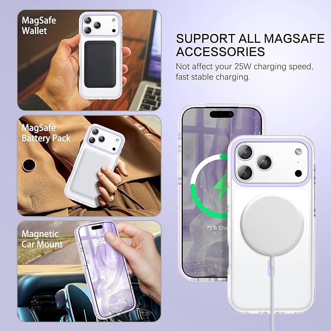BENTOBEN Magnetic for iPhone 17 Pro Max 6.9" Case, Compatible with Magsafe Military Shockproof Protective Cute Transparent Slim Anti-Yellowing Phone Case for iPhone 17 Pro Max Cover, Clear Purple