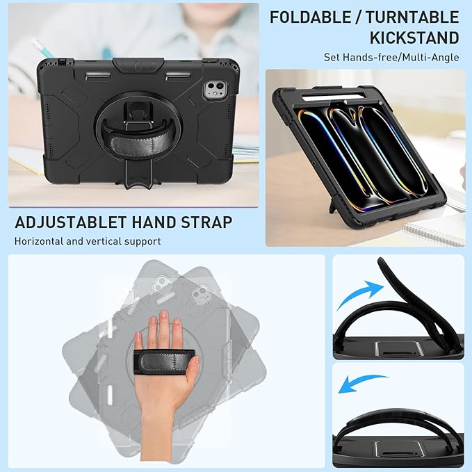 SUPFIVES 2024 iPad Pro 11 Inch Case M4 (5th Generation), with Screen Protector/Shoulder Strap/Pencil Holder/Handle/Rotating Stand, Black